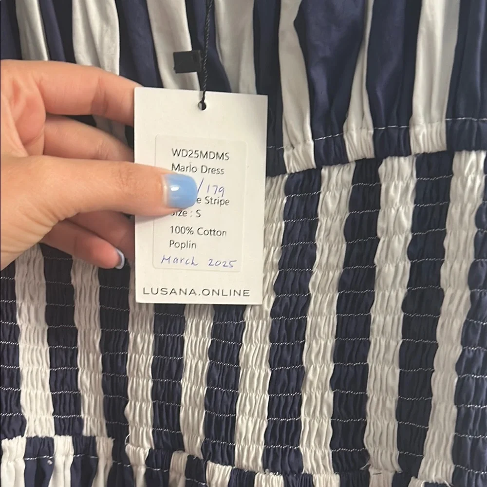 Lusana Navy and White Striped Mini Dress - Picture 3 of 5